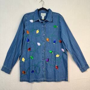 Quacker Factory Christmas Lights Sequin Embroidered Cotton Denim Shirt Medium